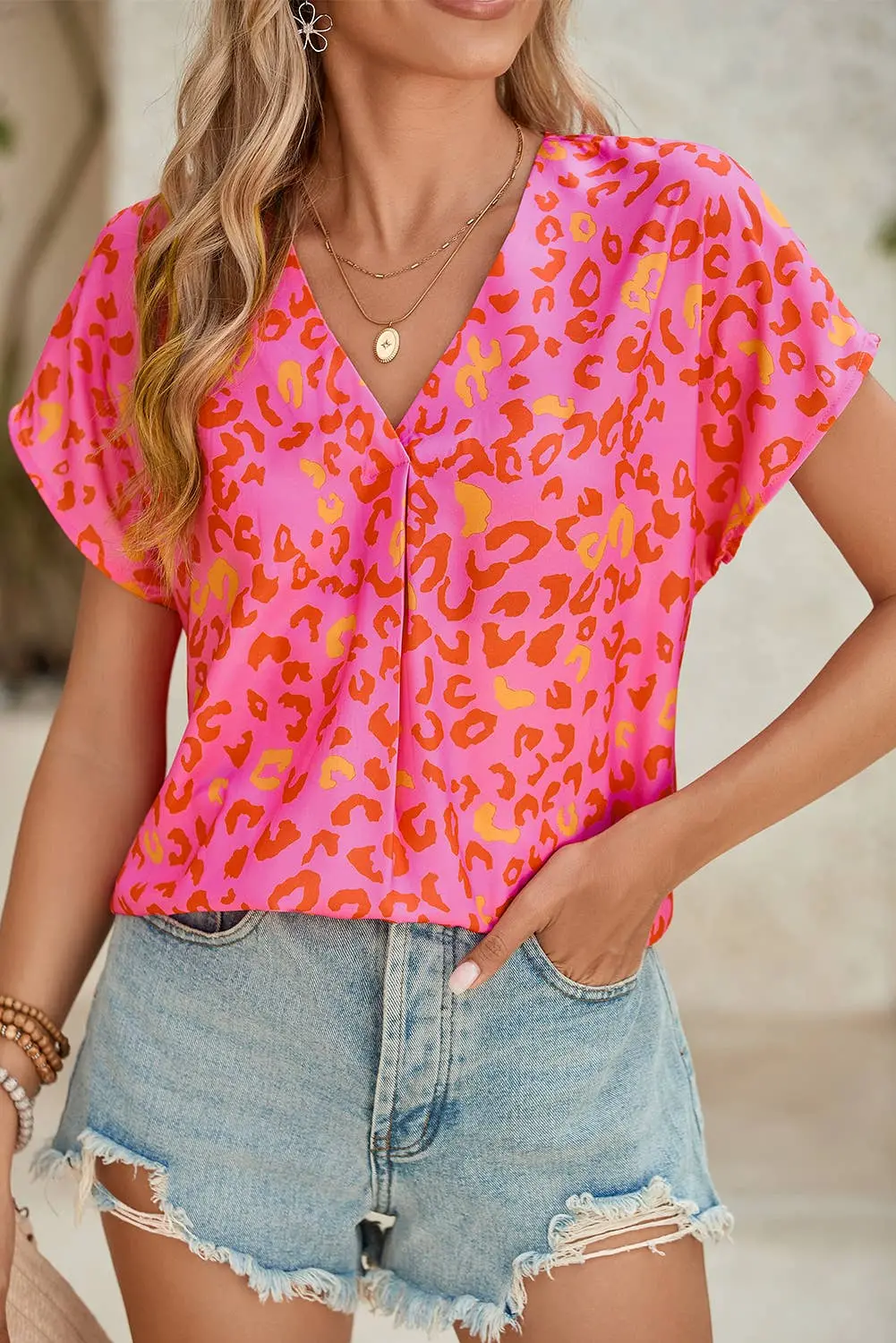 Women Leopard Print V Neck Short Sleeve Blouse | S-Xl 1