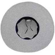Mixed Grain Straw Satin Ribbon Wide Floppy Sun Hat-White/Navy Blue 2