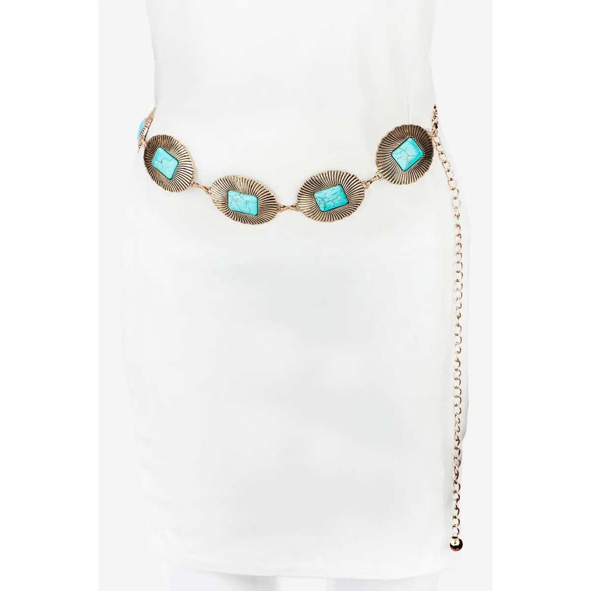 Western Fashion Turquoise Concho Oval Disc Chain Belt-Gold 1