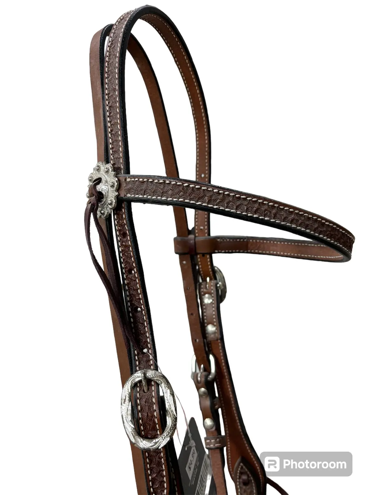 Tough-1 Leather Straight Brow Headstall - Basket Stamp W/ Silver Hardware 1