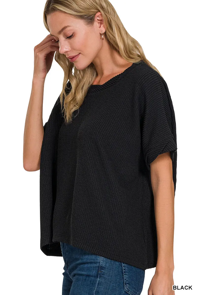 Black Textured Line Short Twisted Sleeve Top 1