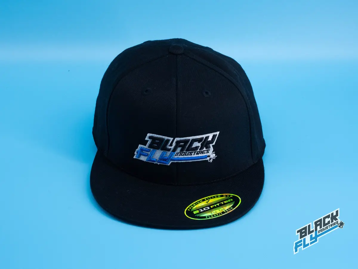 Black Fly Industries Flexfit 210 Flat Bill Hat- Black With Blue Logo 1