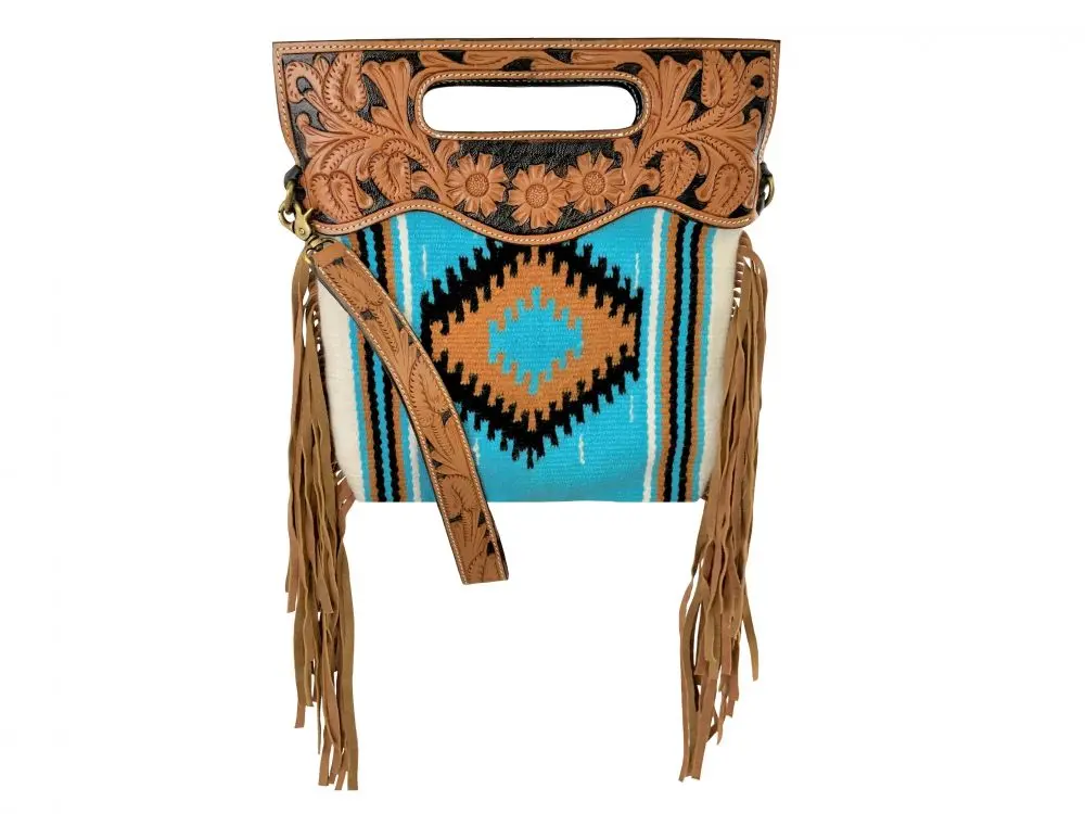 Bg- 758  Saddle Blanket Handbag With Genuine Leather Floral Tooled Handle And Carry Strap And Zip Closure. 1