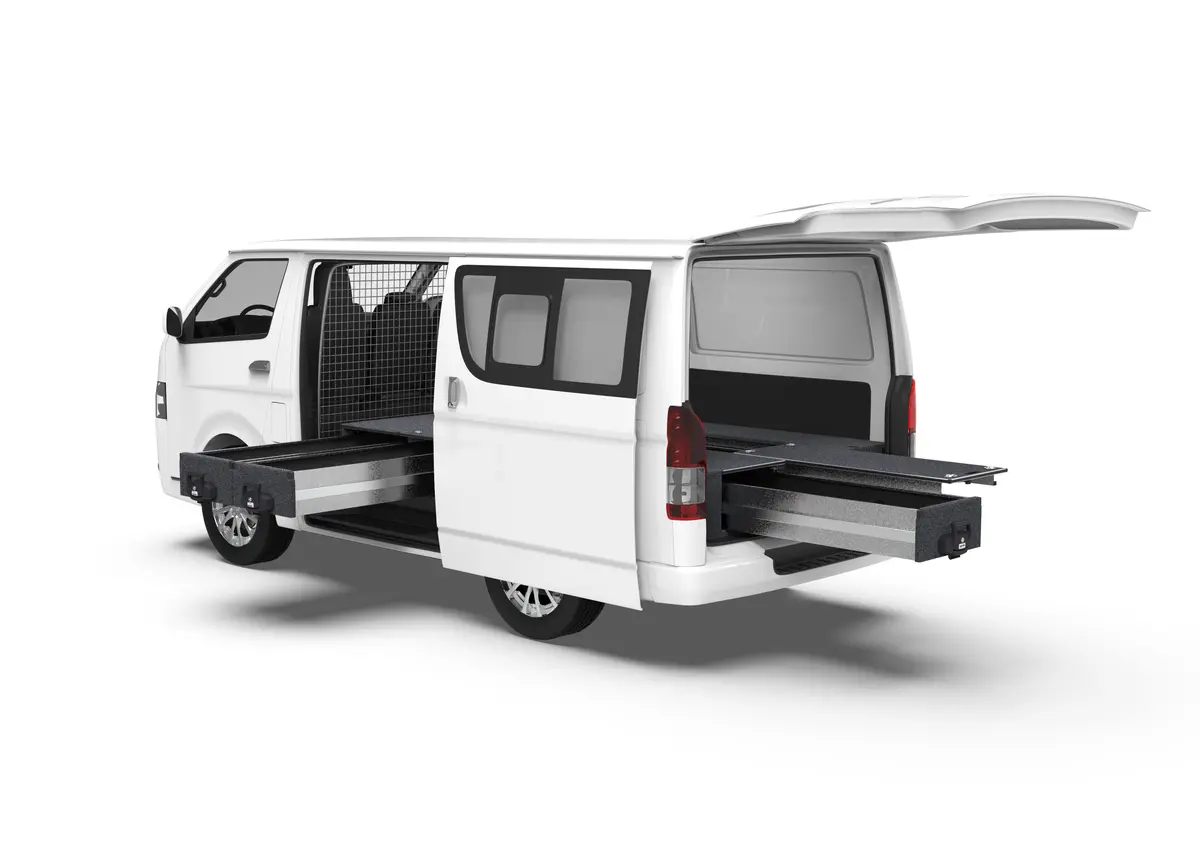 Toyota Hiace (2005-2019) Full Van 4Wd Interiors Fixed Floor Side Drawers & Single Roller Floor Rear Drawers Van 1