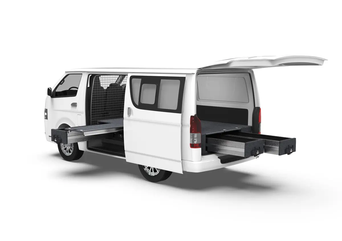 Toyota Hiace (2005-2019) Full Van 4Wd Interiors Single Roller Floor Side Drawers & Fixed Floor Rear Drawers Van 1