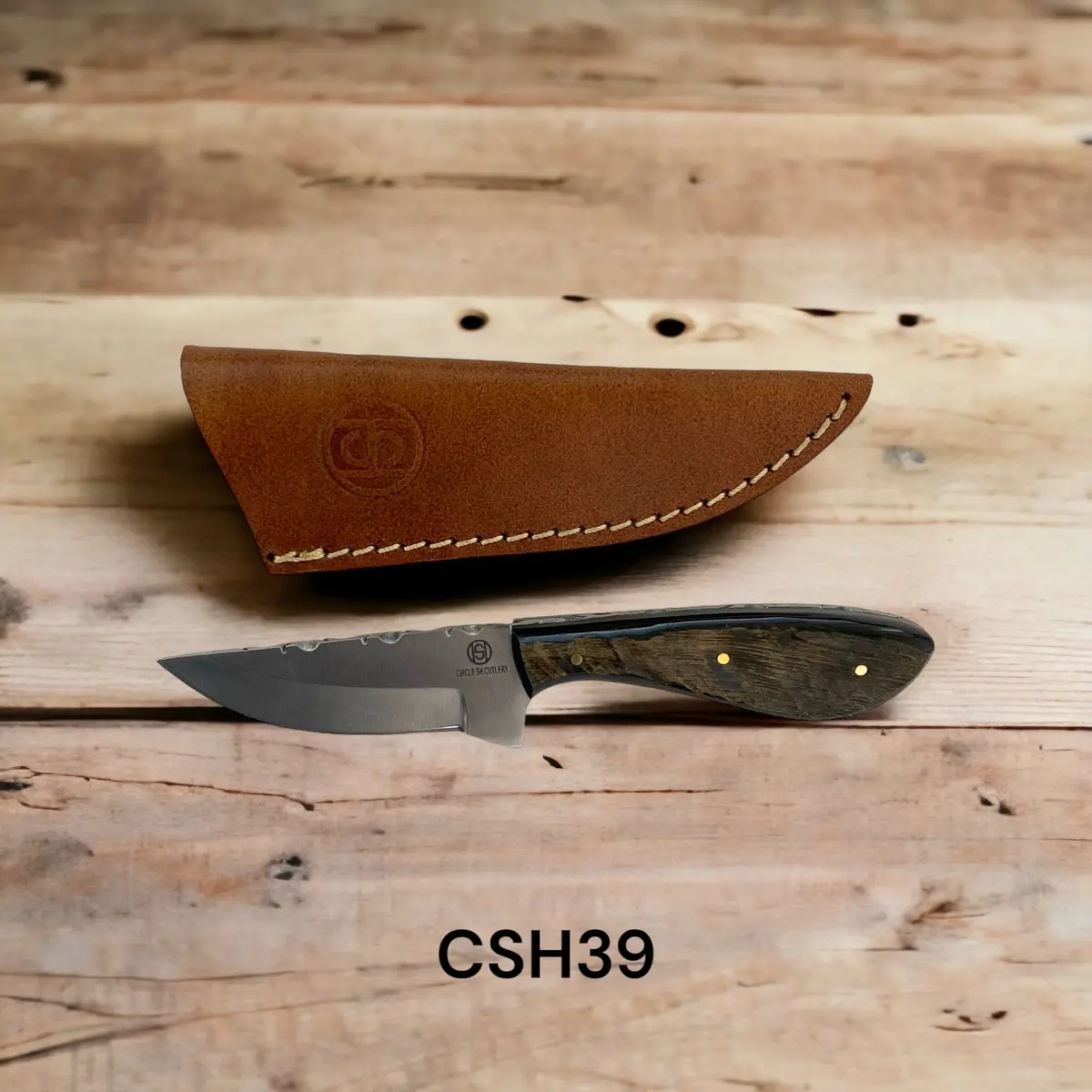 Circle Sh Knife  7" Stainless Blade Ram Horn Handle W/Leather Sheath 1