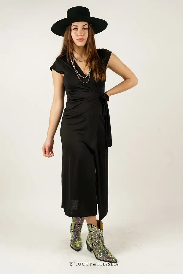Black Cross Wrap Dress W V Neckline 1
