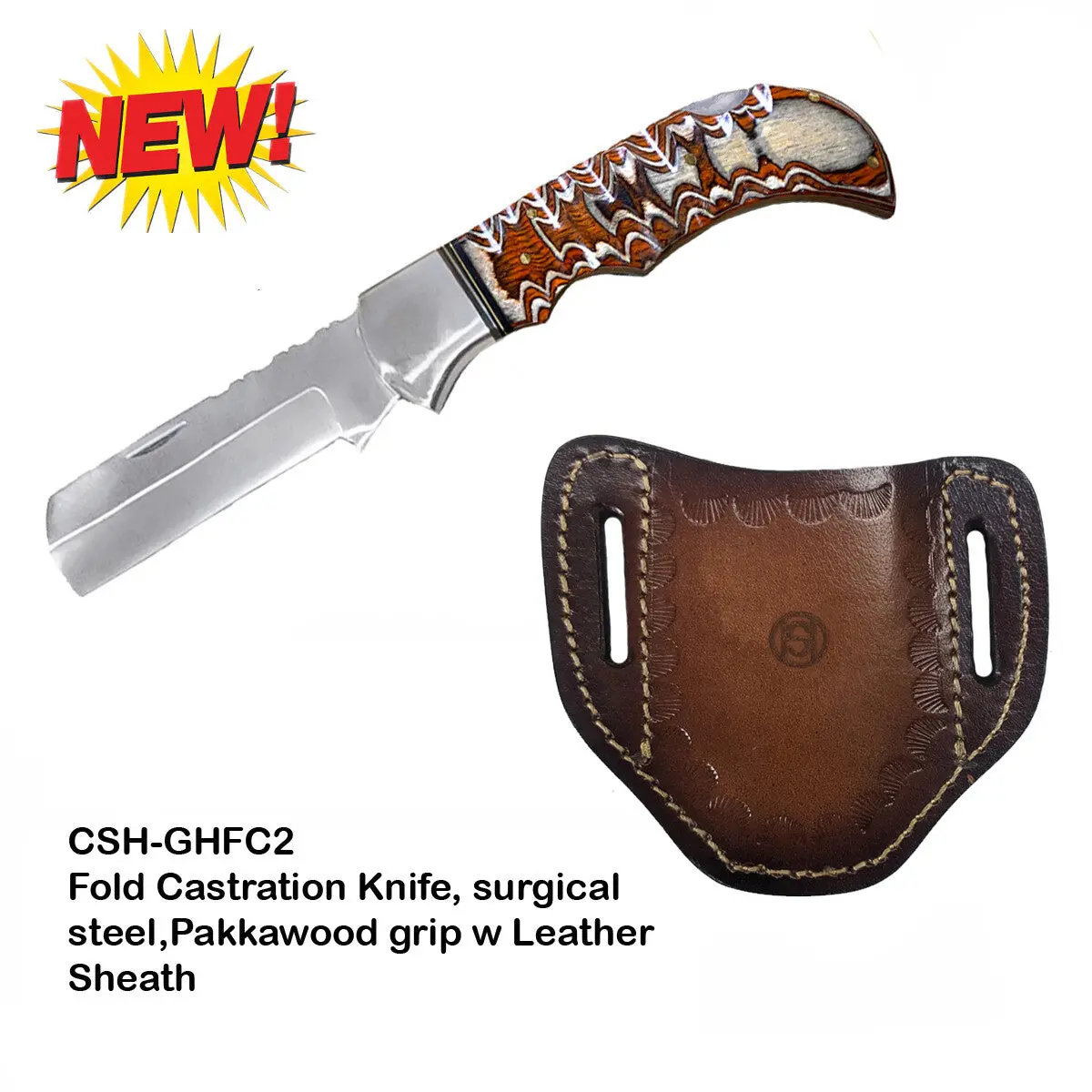 Circle Sh Knife  Folding Castration Knife 5" Closed Leather Sheath Nat Pakkawood 1