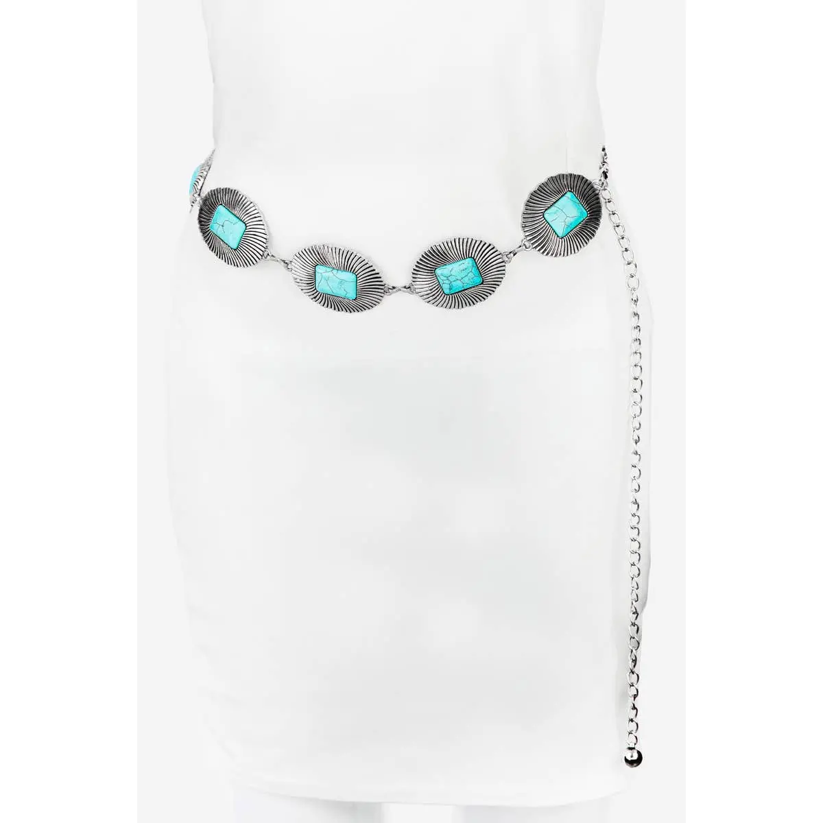Western Fashion Turquoise Concho Oval Disc Chain Belt-Silver 1