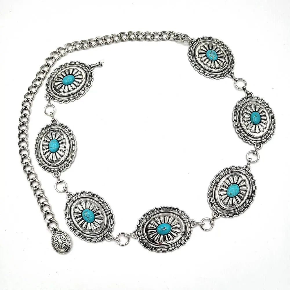 Western Fashion Turquoise Single Stud Hoop Chain Belt 1
