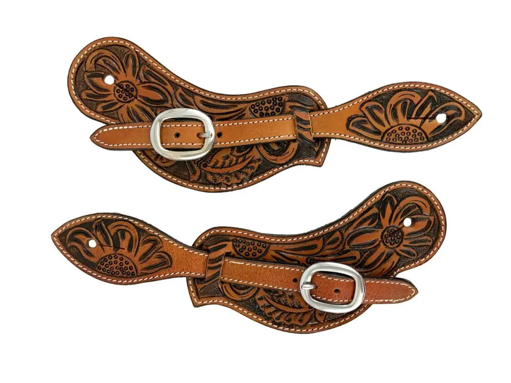 Showman Men's Leather Floral Stamp Spur Straps 1