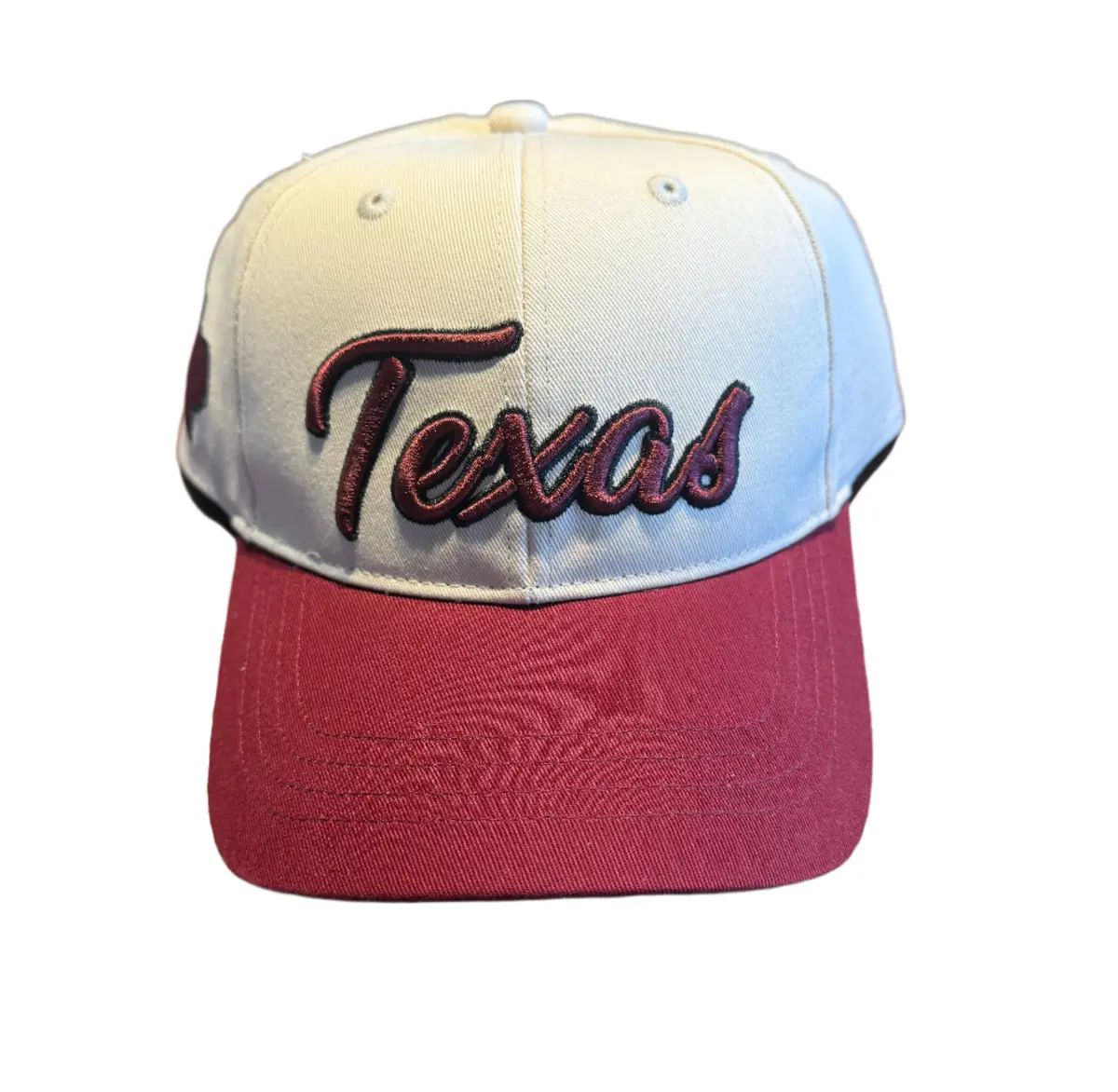 Off White & Maroon Texas Script Hat 1