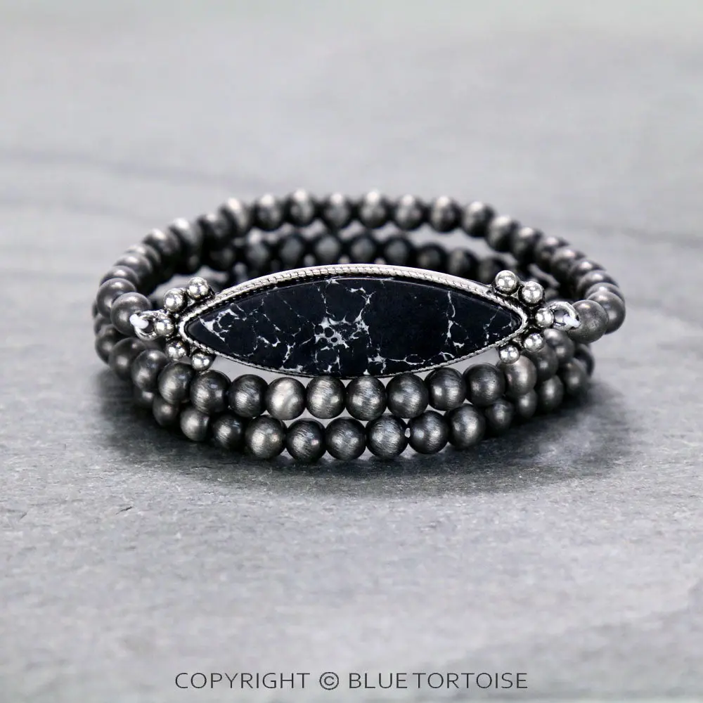 Navajo Style Pearl With Stone Stackable Stretch Bracelet 1