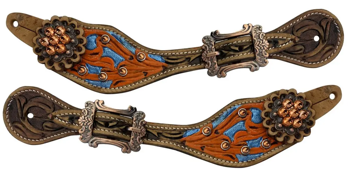 Showman- Ladies Hand Painted Orange And Metallic Blue Foral. 1