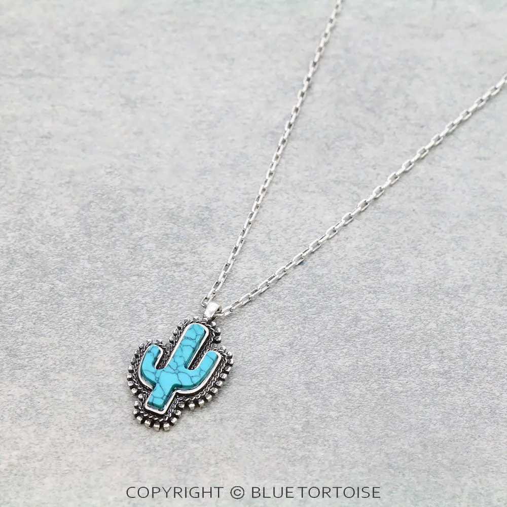 Western Hand Craft Stone Cactus Necklace 1