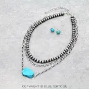 Western Turquoise Stone Slab With Pearl And Chain Layered Necklace Set 1