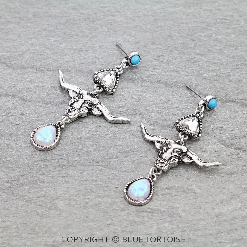Western Steer Skull Opal Stone Stud Earrings 1
