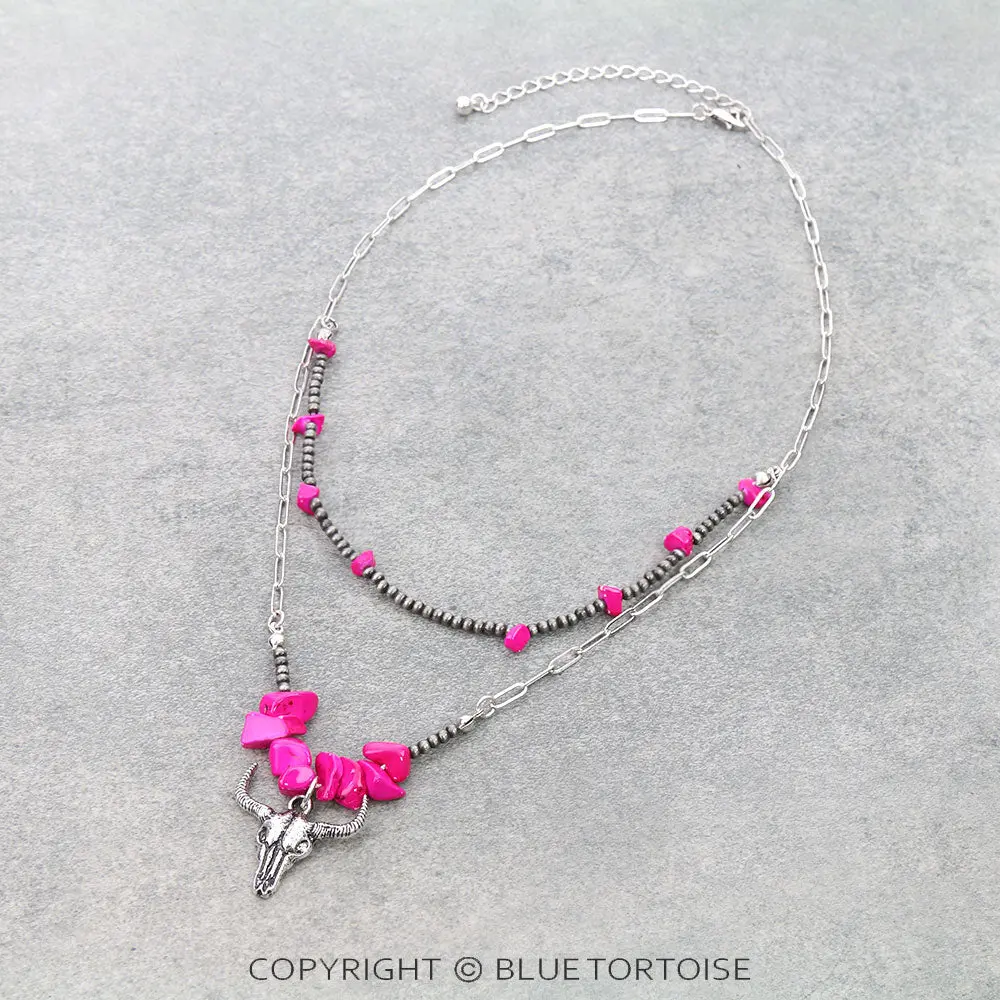 2 Layered Western Steer Skull Pendant Necklace/Pink 1