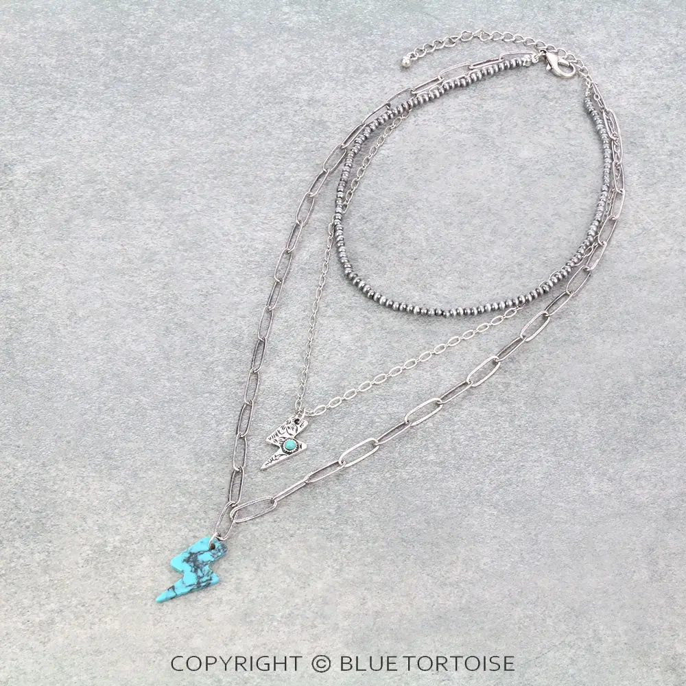3Row Navajo Style Pearl And Chain With Thunder Pendant Necklace 1