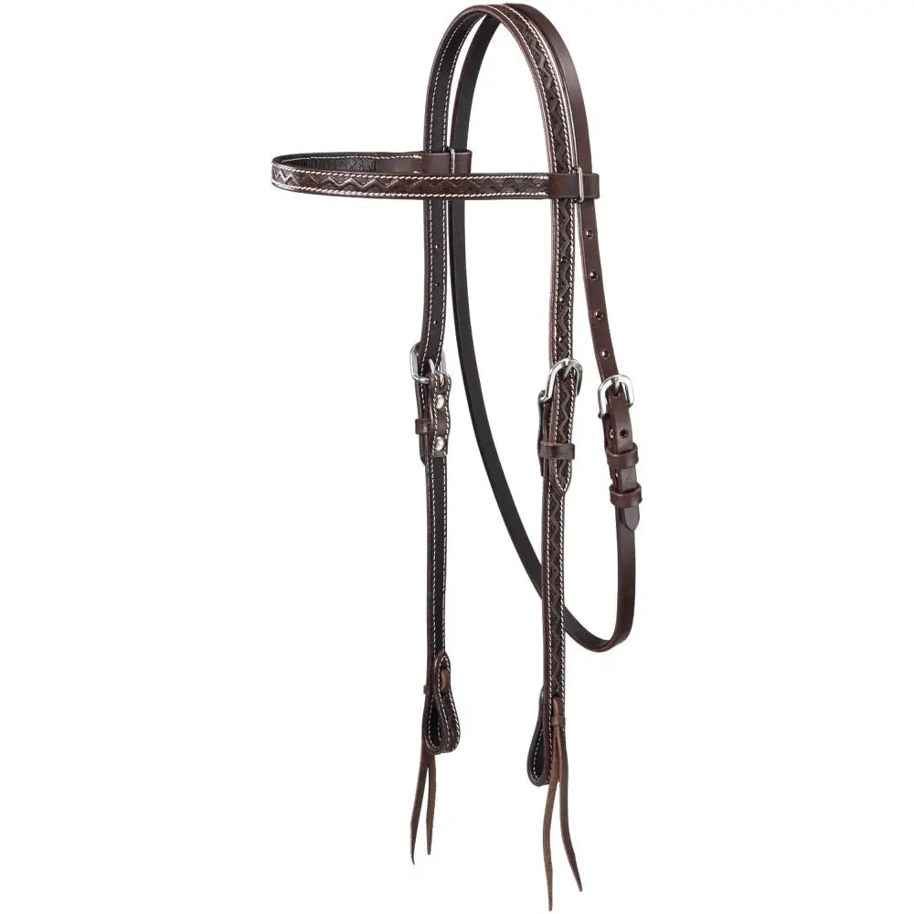 Zig Zag Tooled Premium Cowhide Browband Headstall 1
