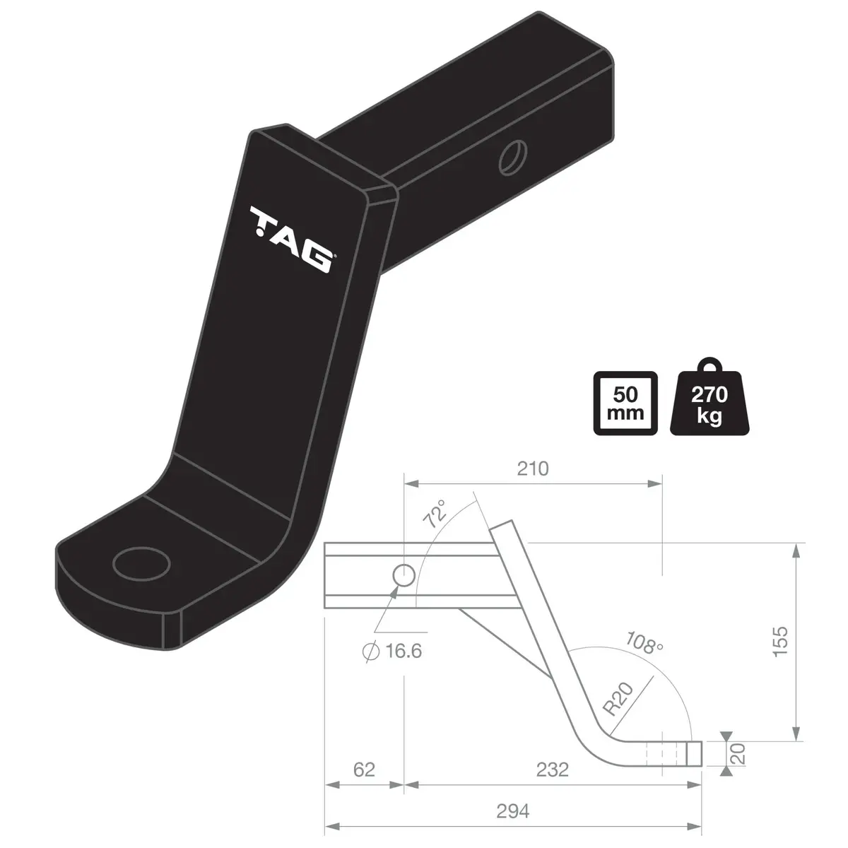 Tag Tow Ball Mount - 210Mm Long, 108° Face, 50Mm Square Hitch 2