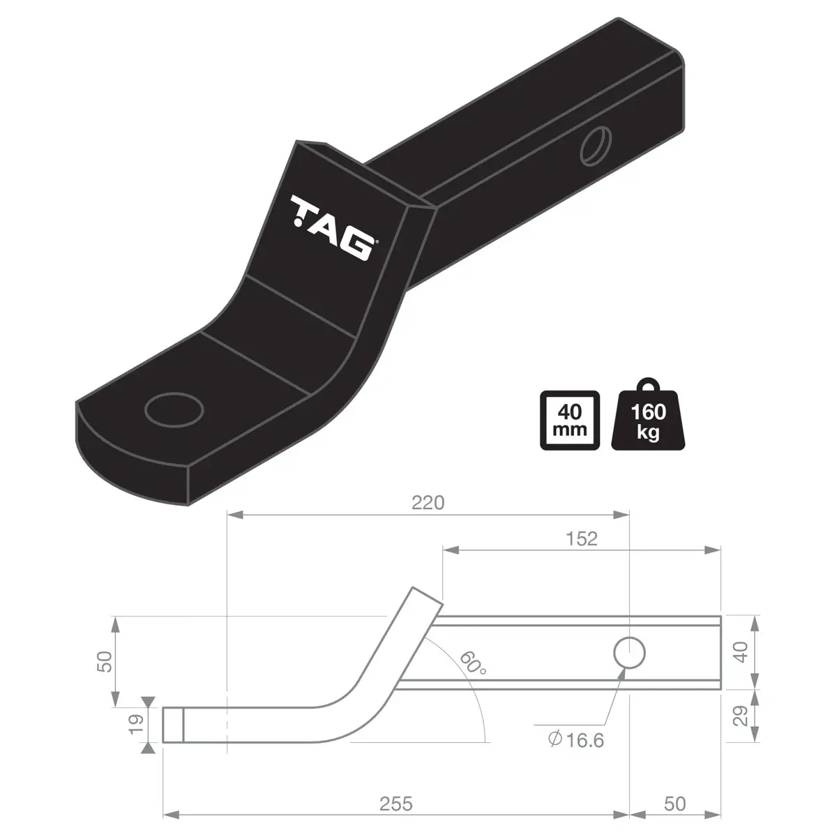 Tag Tow Ball Mount - 220Mm Long, 135° Face, 40Mm Square Hitch 2