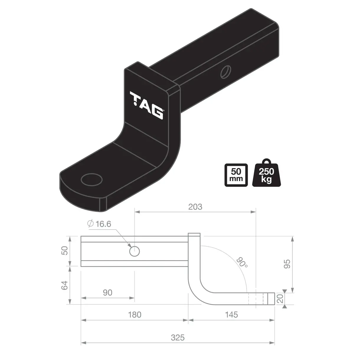 Tag Tow Ball Mount - 203Mm Long,  90° Face, 50Mm Square Hitch 2