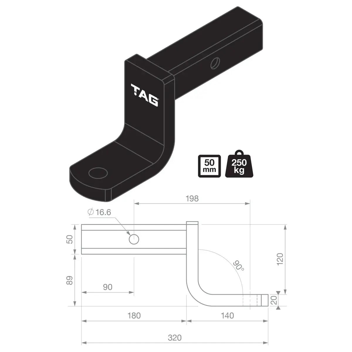 Tag Tow Ball Mount - 198Mm Long, 90° Face, 50Mm Square Hitch 2