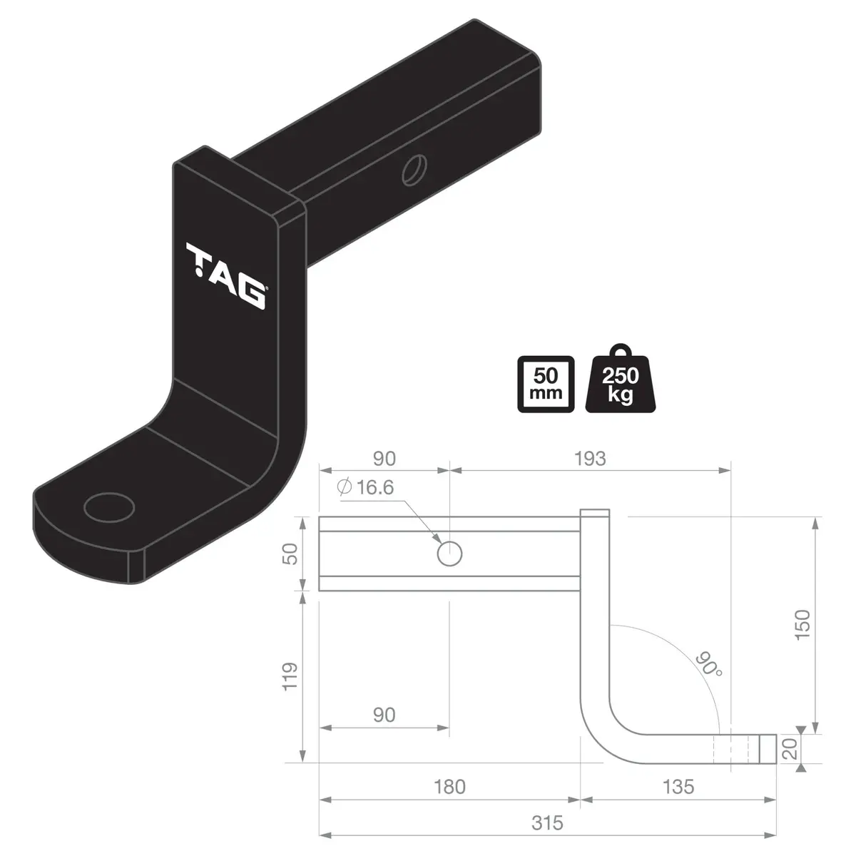 Tag Tow Ball Mount - 193Mm Long, 90° Face, 50Mm Square Hitch 2