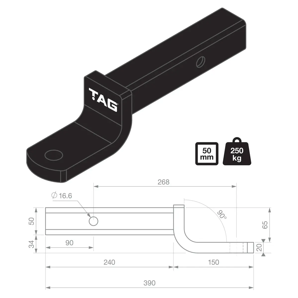 Tag Tow Ball Mount - 268Mm Long, 90° Face, 50Mm Square Hitch 2