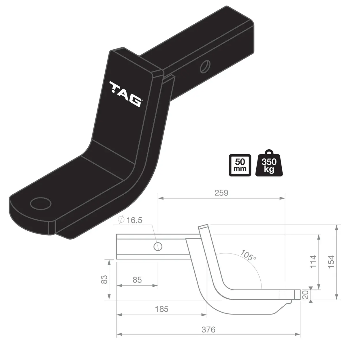 Tag Tow Ball Mount - 254Mm Long, 88Mm Drop, 50Mm Square Hitch 2