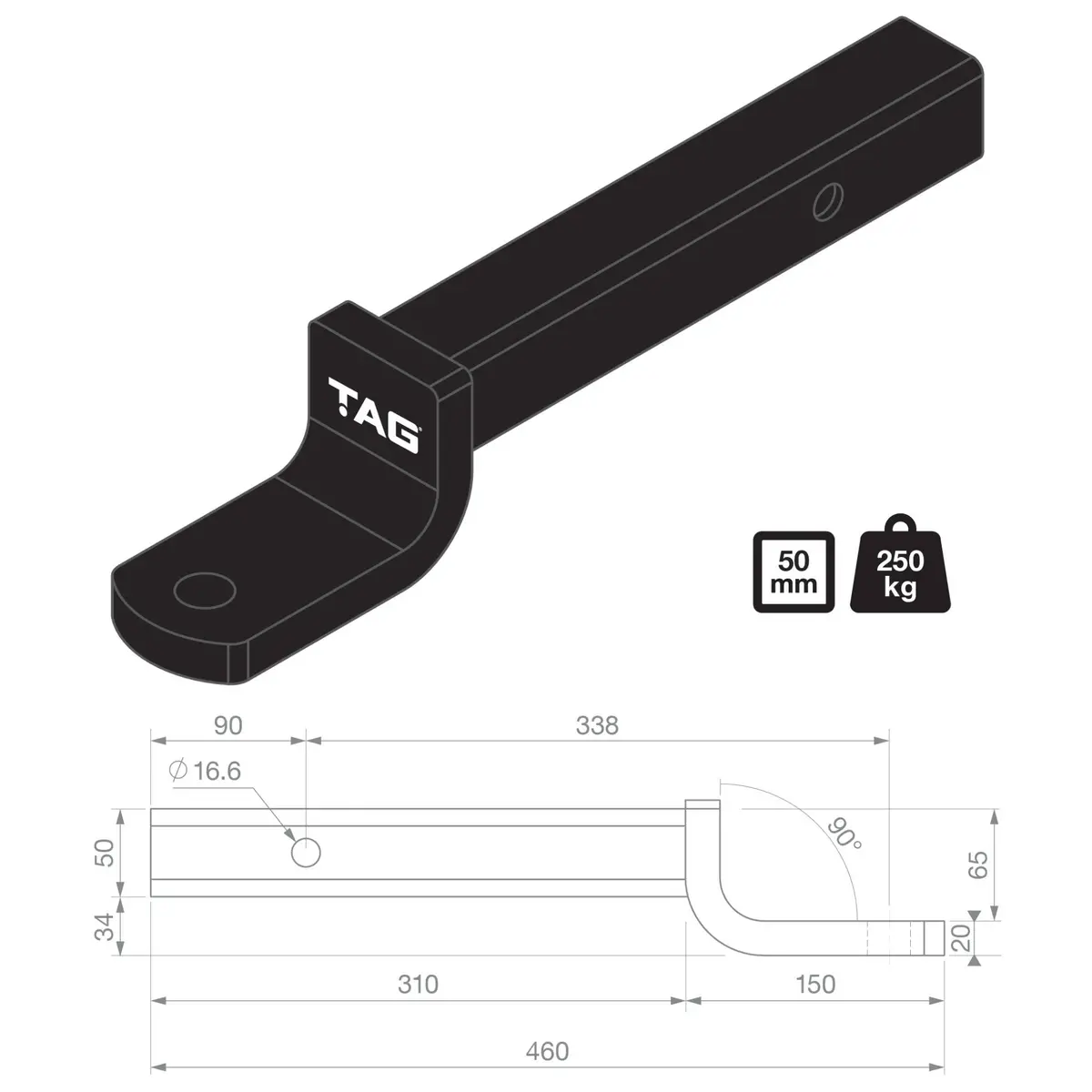 Tag Tow Ball Mount - 338Mm Long, 90°Face, 50Mm Square Hitch 2
