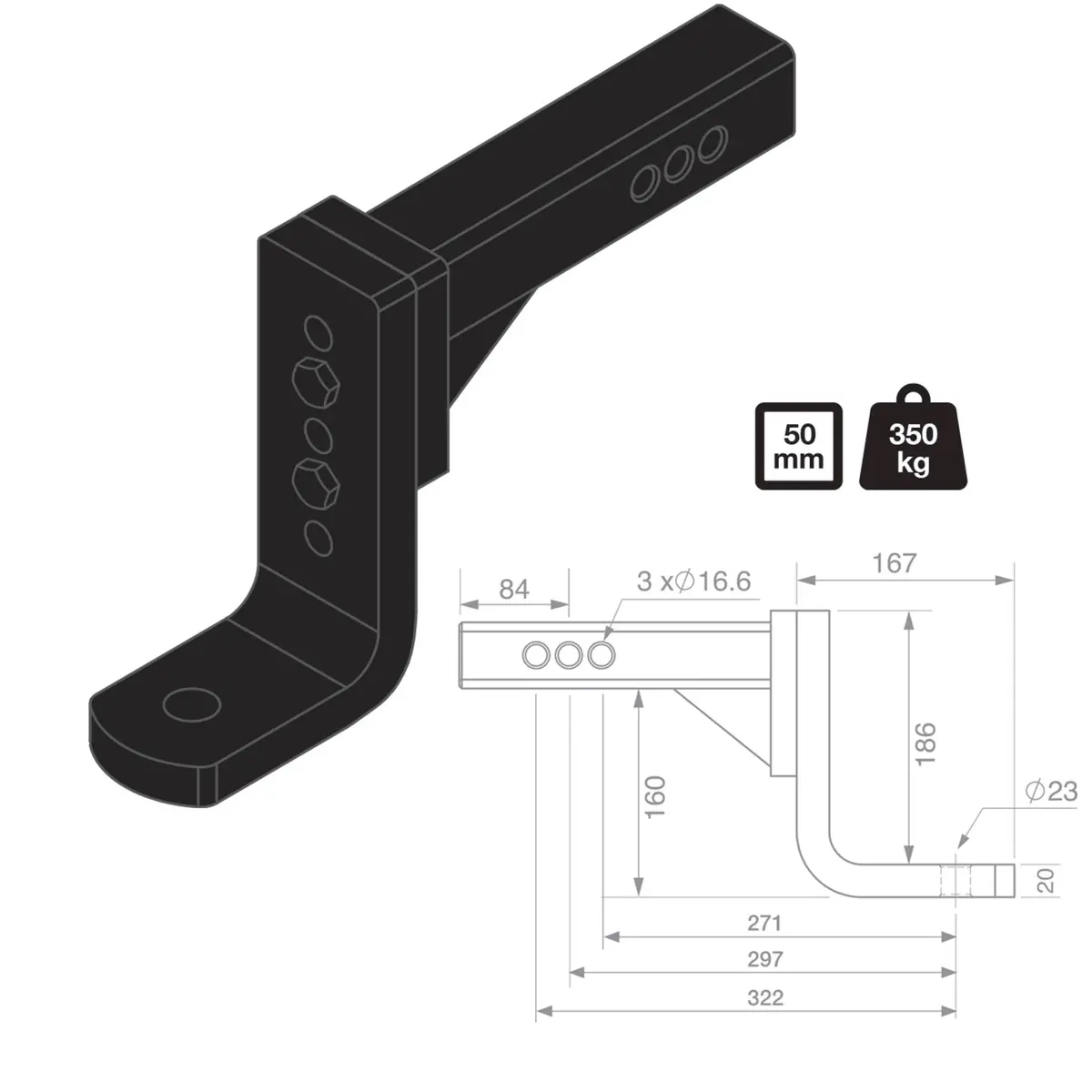 Tag Adjustable Tow Ball Mount - 297Mm Long, 90° Face, 50Mm Square Hitch 2