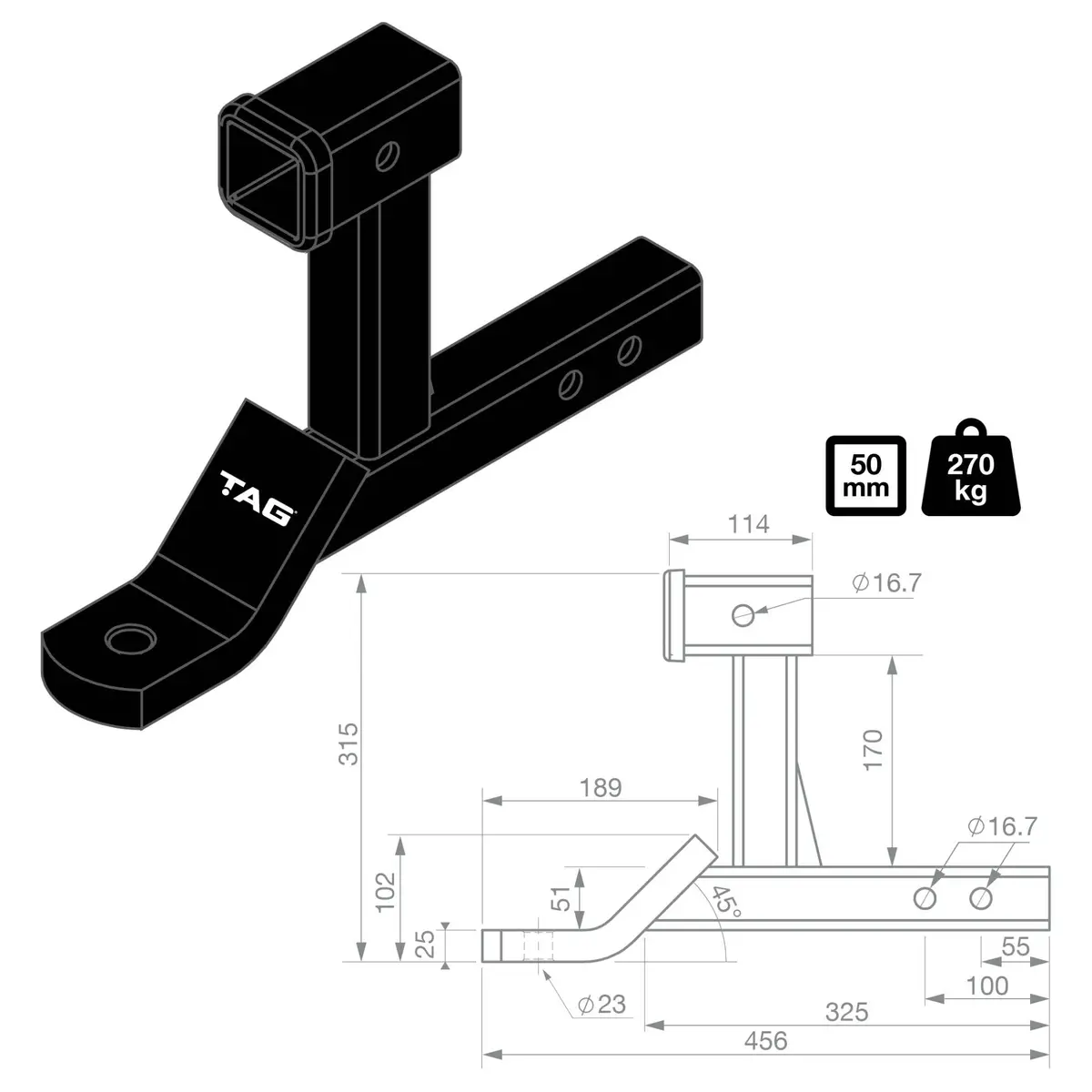 Tag Dual Use Tow Ball Mount - 50Mm Square Hitch 2