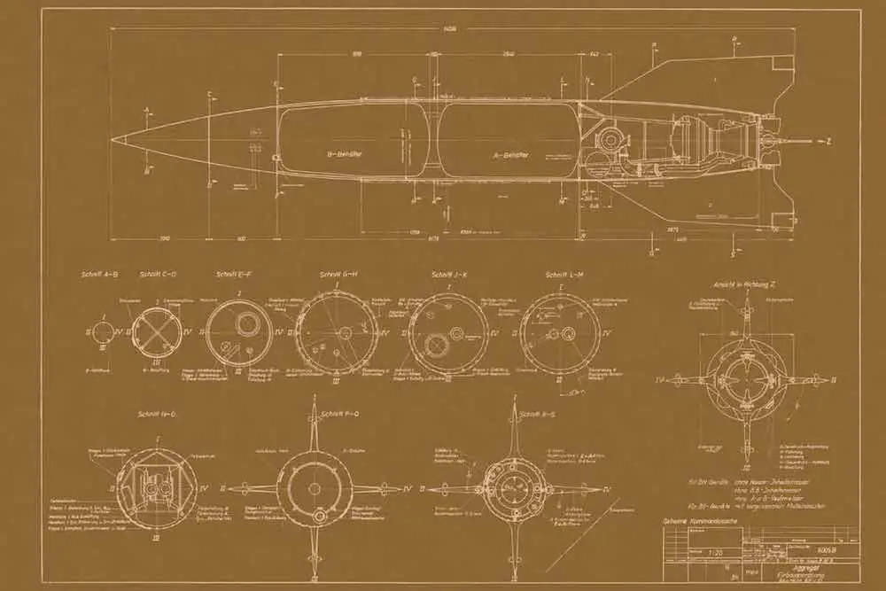 Nasa: V-2 A-4 Aggregat-4 Rocket Layout Brownline Print 1