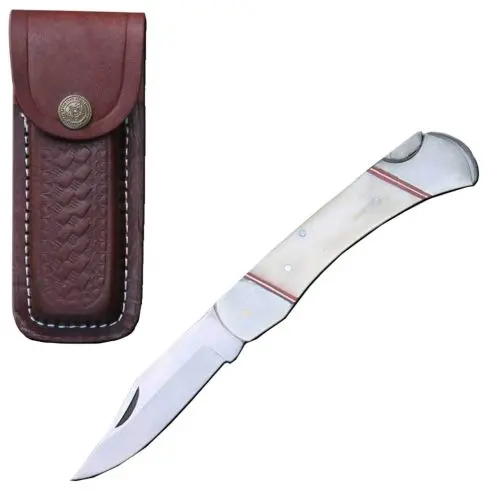 5" White Bone Handle Pocket Knife With Leather Sheath 1