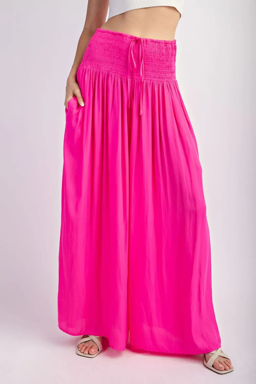 Smocked Waist Tie Wide Leg Pants 2