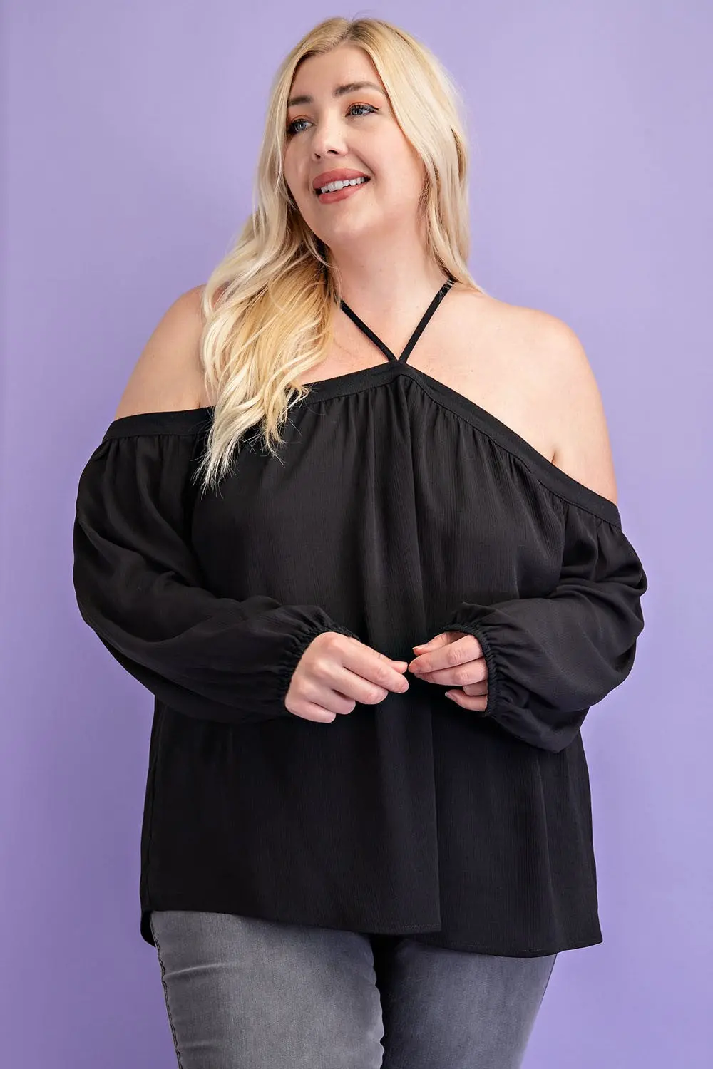 Plus Solid Off The Shoulder Top With Strap Detail/Black 1