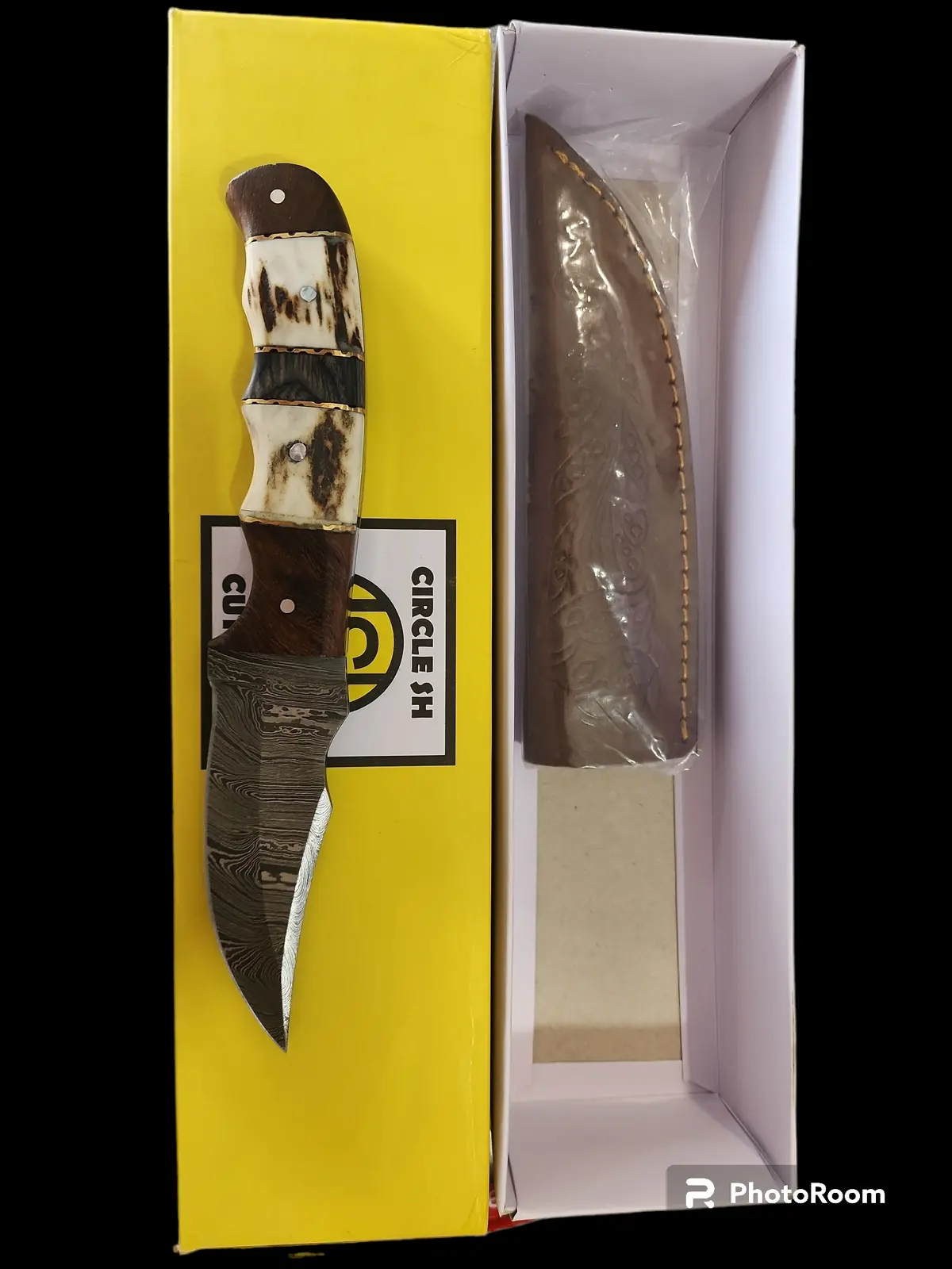 Circle Sh Knife  8.25" Overall Damascus Blade, Ram & Wood Handle S/Lthr Shealth 1
