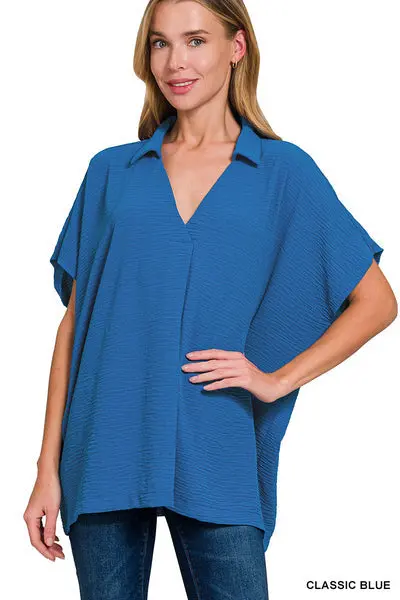 Woven Airflow Collared V-Neck Short Sleeve Top 1