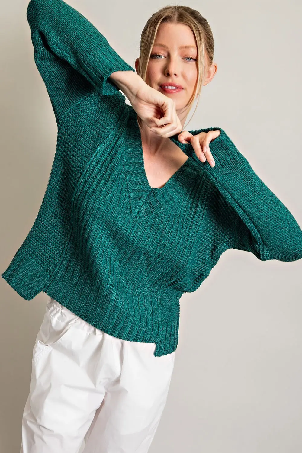 V Neck Knit Top Dark Jade 1