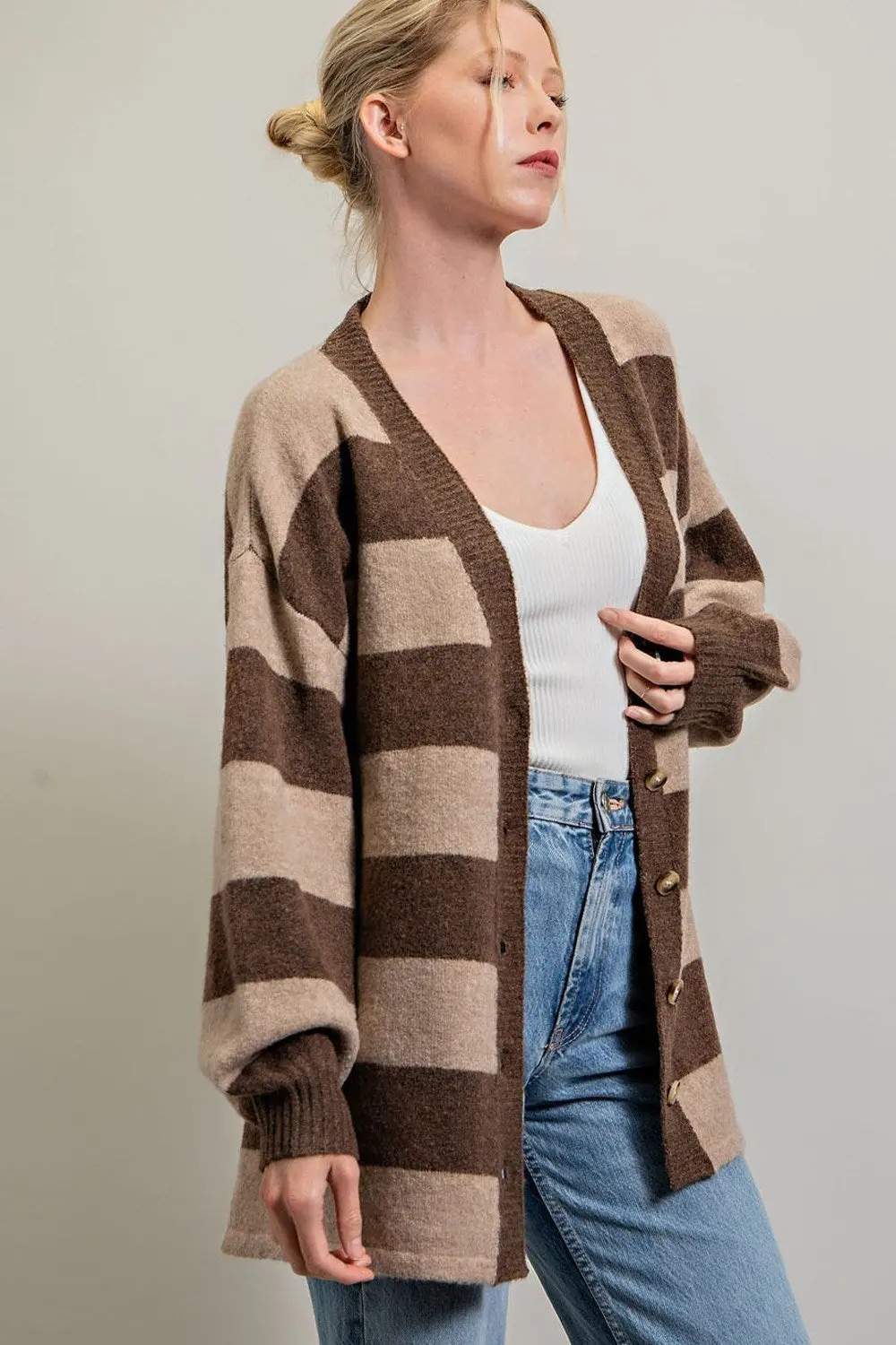 Stripe Button Down Cardigan - Brown - Medium/Large 1