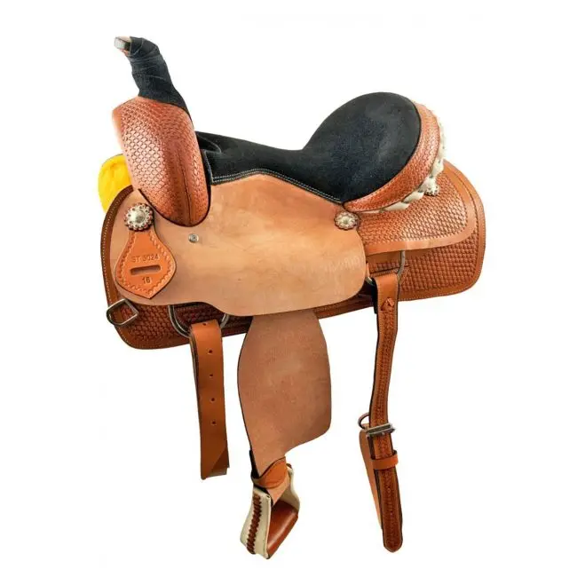 16" Medium Oil Roper Style Saddle With Rough Out Fenders & Jockeys With Basket Stamp Tooling And Black Suede Seat 1