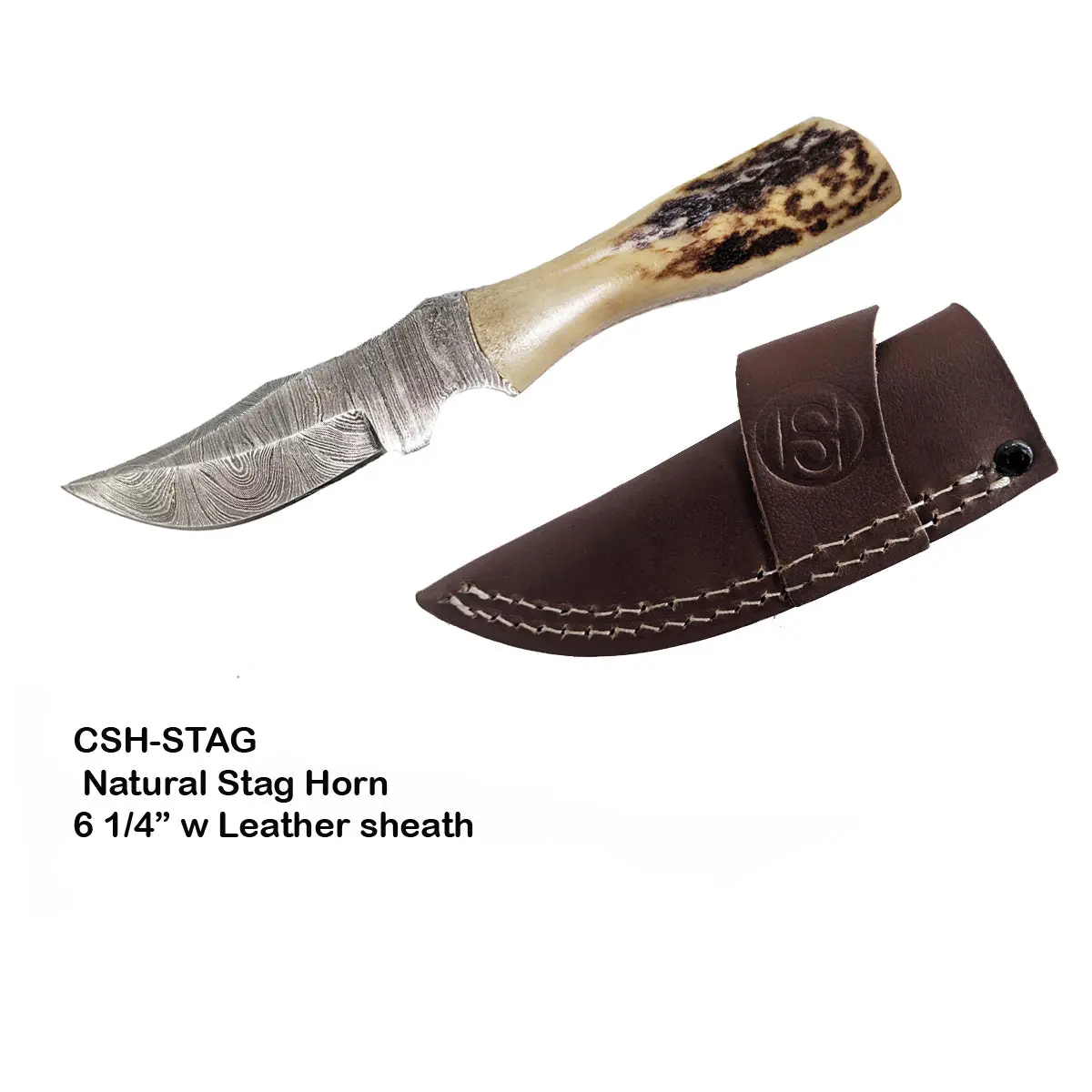 Circle Sh Knife 7 1/2", Damascus Steel 6 1/4" Stag Grip W Shealth 1