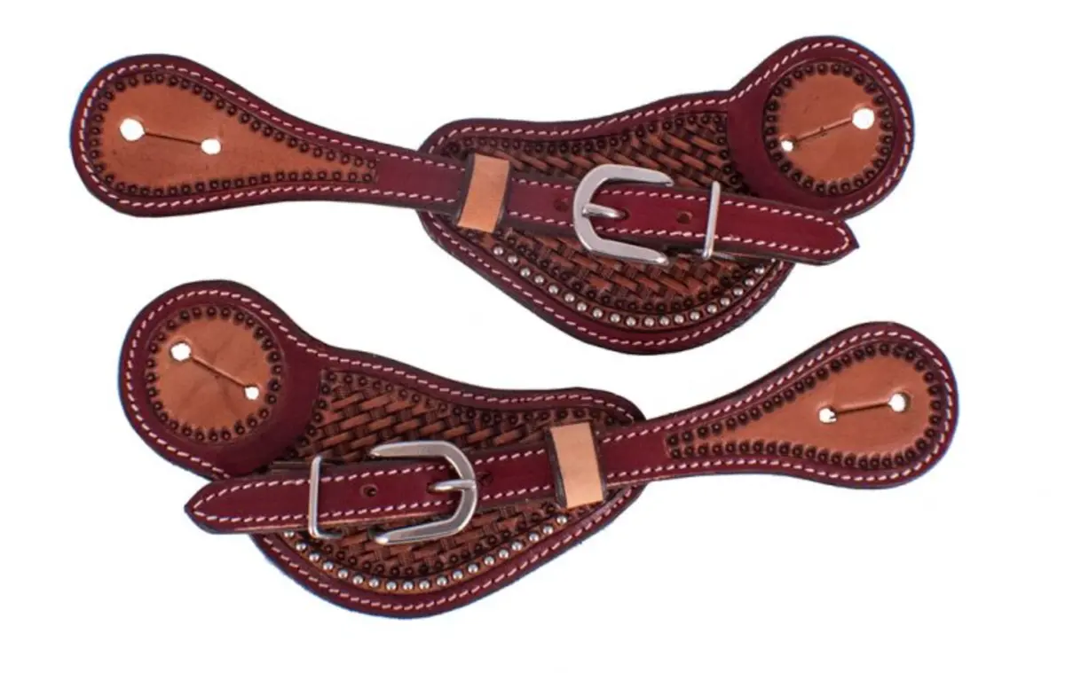 Showman Two Toned Arg. Leather Mens Spur Straps W/ Basketweave Tooling 1