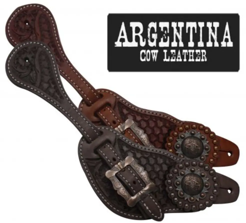 Showman Arg. Cow Leather Mens Spur Straps W/ Crossed Guns Concho 1