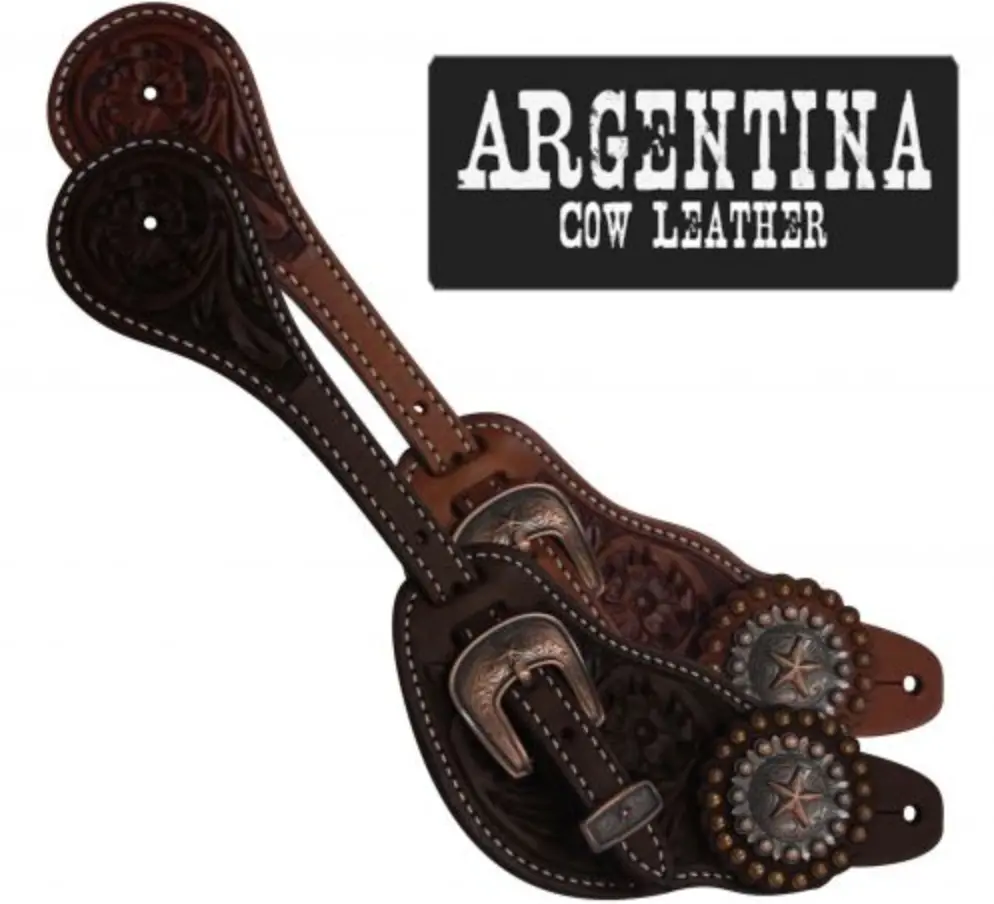 Showman Arg. Cow Leather Mens Spur Straps W/ Star Concho 1