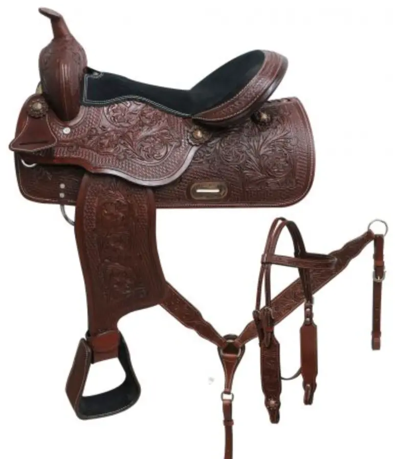 16" Economy Pleasure Style Saddle Set W/ Florar And Basket Tooling 1