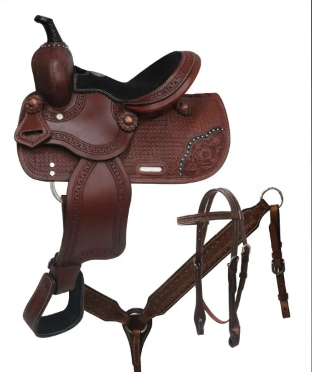 10' Double T Youth Saddle W/ Basket Tooling And Copper Conchos 1
