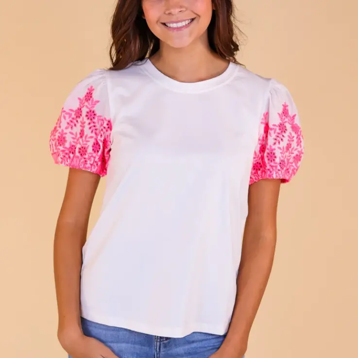 White Top With Pink Eyelet Sleeves 1